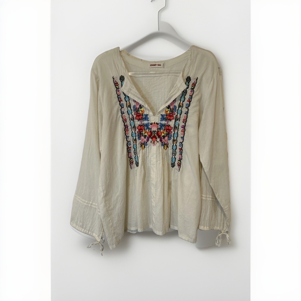 Johnny Was Tunic Blouse Women XL Ivory Embroidered Floral Boho Tie Front Cotton
